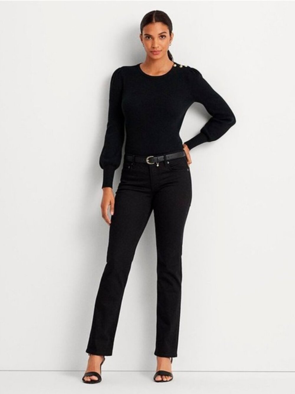 Lauren Ralph Lauren Crewneck Puff-Sleeve Black Sweater Petite Size Small New - Picture 4 of 5